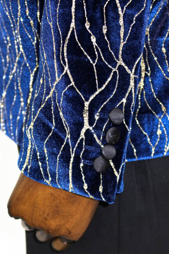 Altın Desenli Lacivert Erkek Smokin Ceket - 8