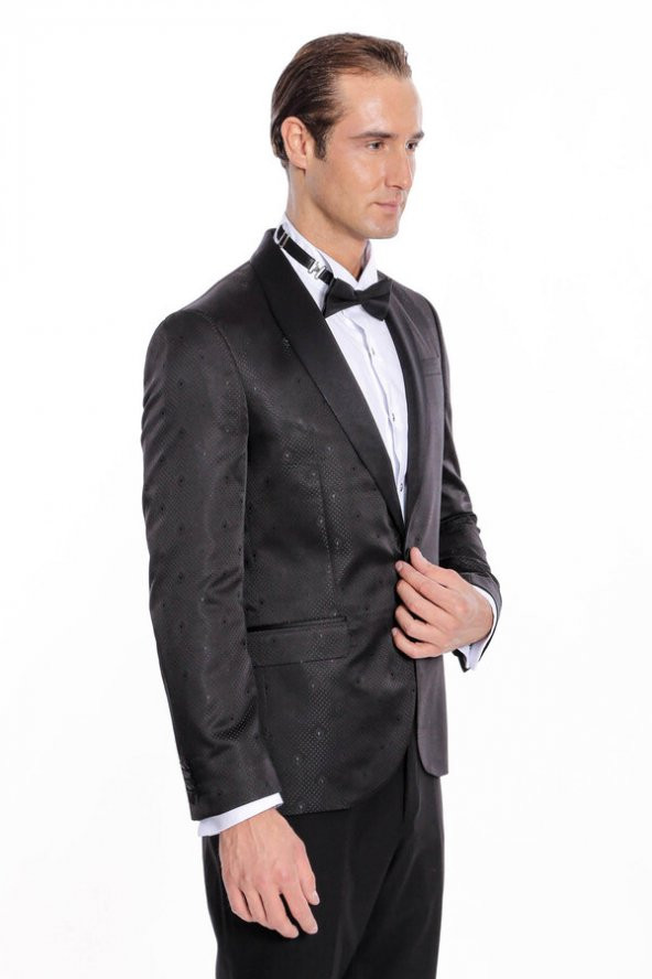 Nokta Desenli Slim Fit Siyah Erkek Smokin Ceket - 8