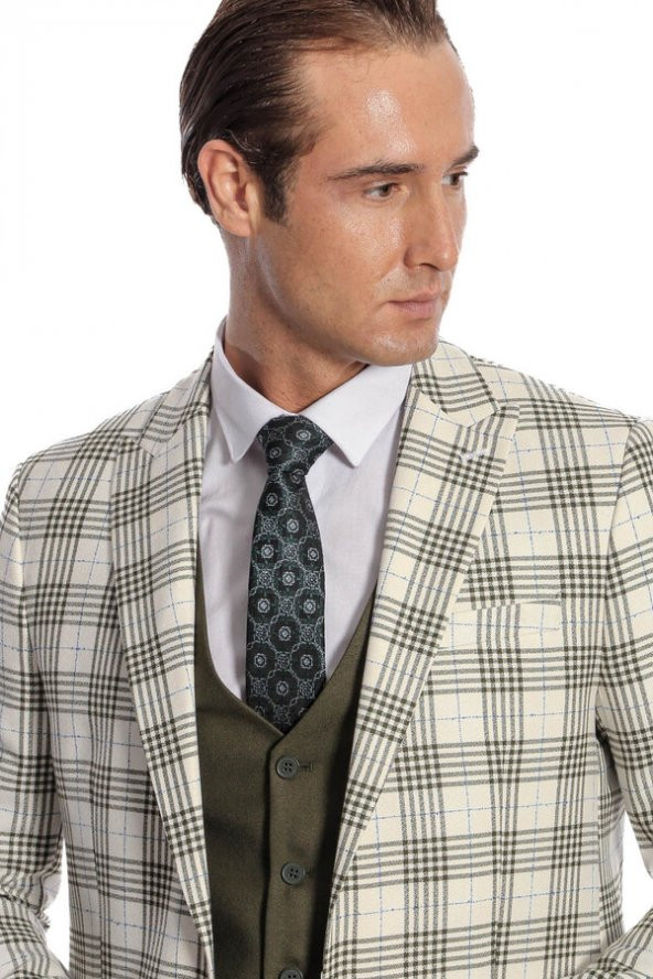 Ekose Ceketli Slim Fit Yeşil Erkek Takım Elbise