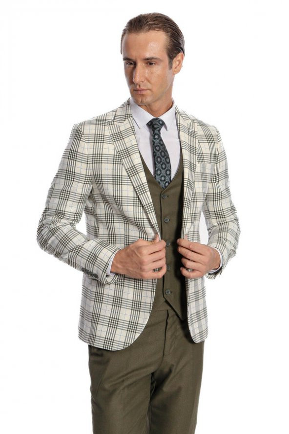 Ekose Ceketli Slim Fit Yeşil Erkek Takım Elbise - 3
