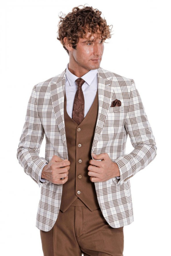 Ekose Ceketli Slim Fit Kahverengi Erkek Takım Elbise - 2
