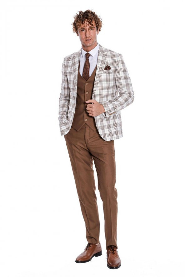 Ekose Ceketli Slim Fit Kahverengi Erkek Takım Elbise - 4