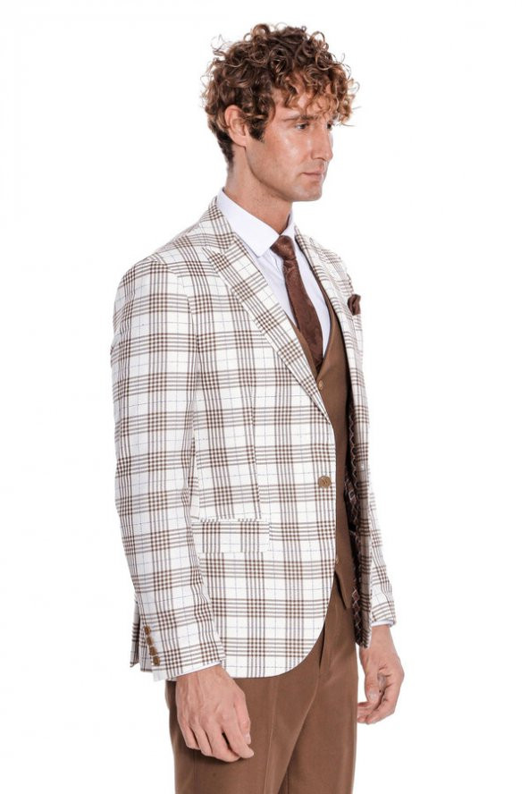 Ekose Ceketli Slim Fit Kahverengi Erkek Takım Elbise - 10