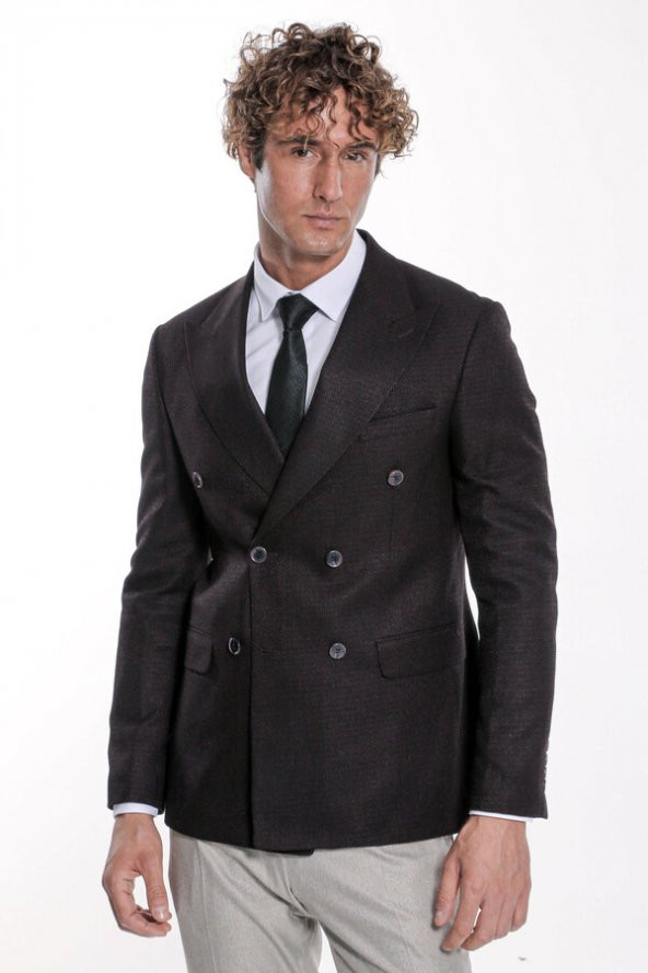 Kazayağı Desenli Koyu Bordo Erkek Kruvaze Ceket - 6