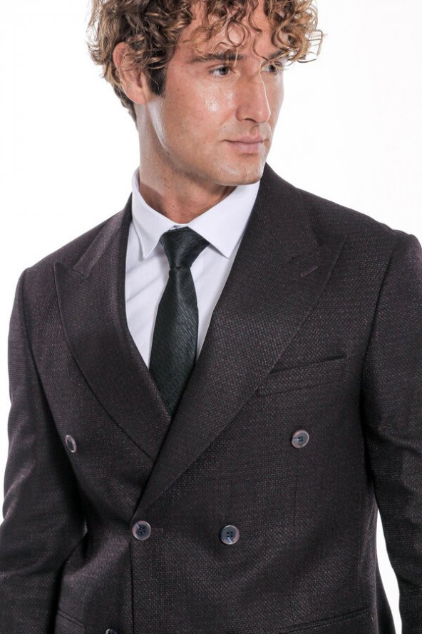 Kazayağı Desenli Koyu Bordo Erkek Kruvaze Ceket - 2