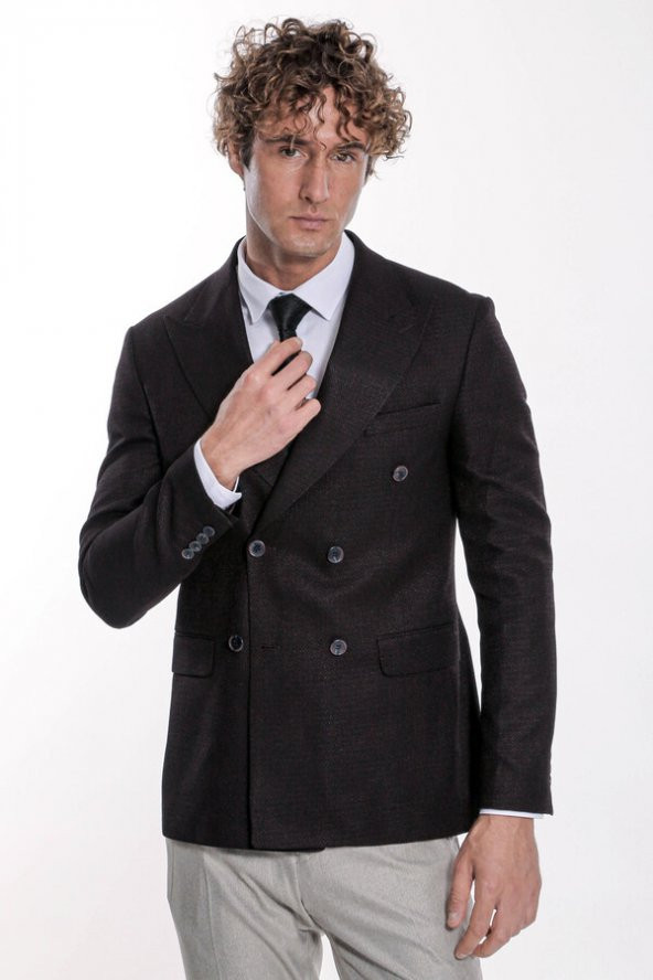 Kazayağı Desenli Koyu Bordo Erkek Kruvaze Ceket - 3