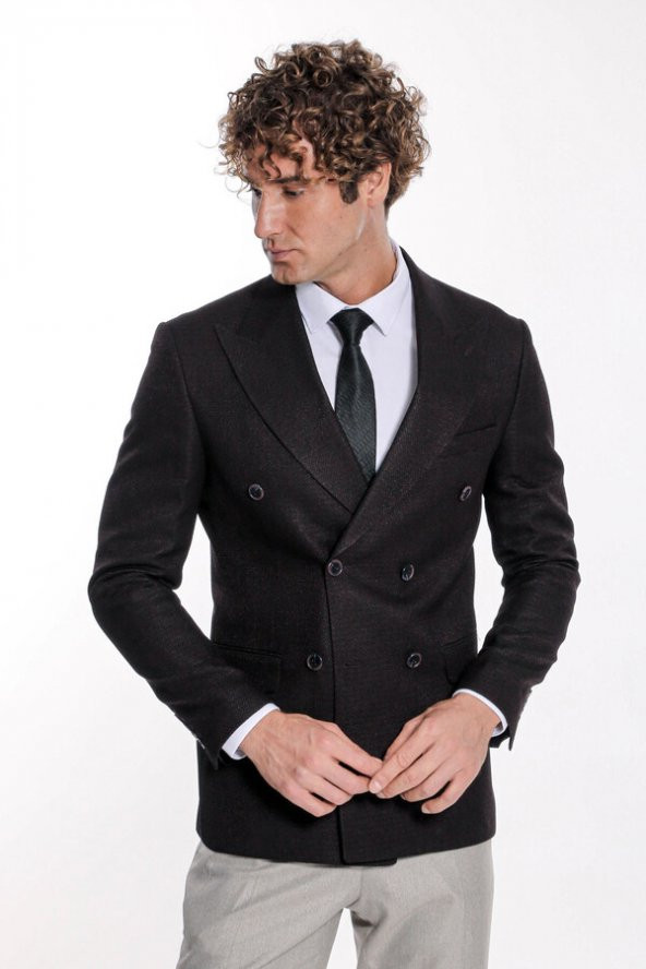 Kazayağı Desenli Koyu Bordo Erkek Kruvaze Ceket - 5