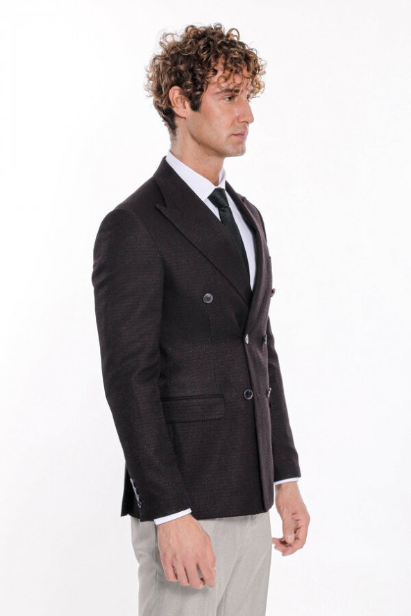 Kazayağı Desenli Koyu Bordo Erkek Kruvaze Ceket - 10