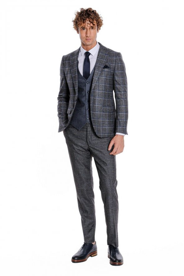 Ekose Ceketli Slim Fit Siyah Erkek Takım Elbise - 3