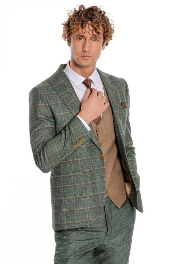 Ekose Ceketli Slim Fit Yeşil Erkek Takım Elbise - 3