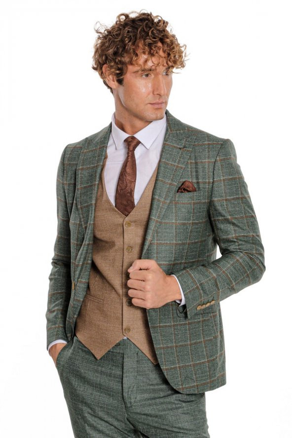 Ekose Ceketli Slim Fit Yeşil Erkek Takım Elbise - 4
