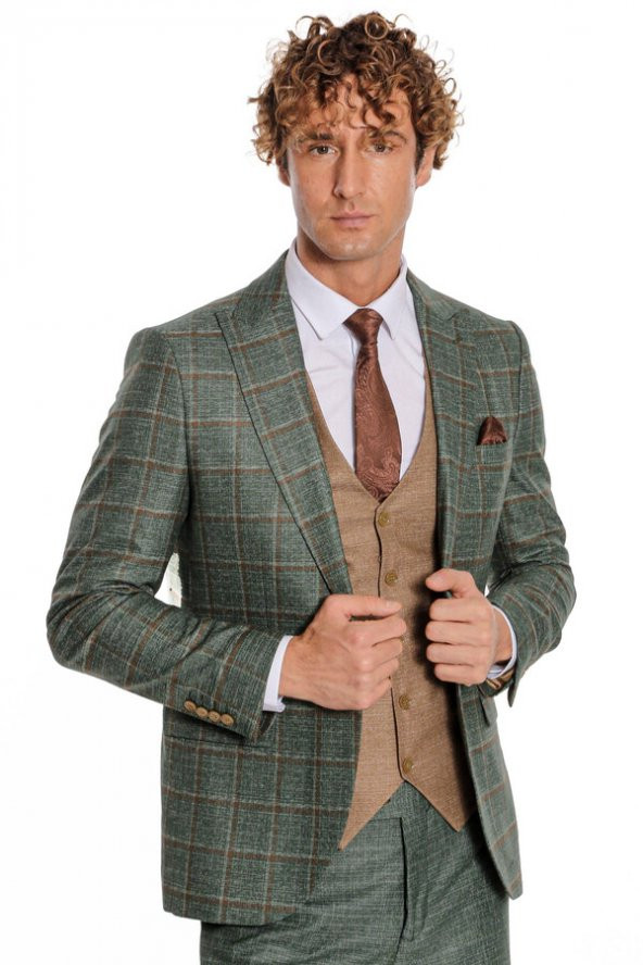 Ekose Ceketli Slim Fit Yeşil Erkek Takım Elbise - 5
