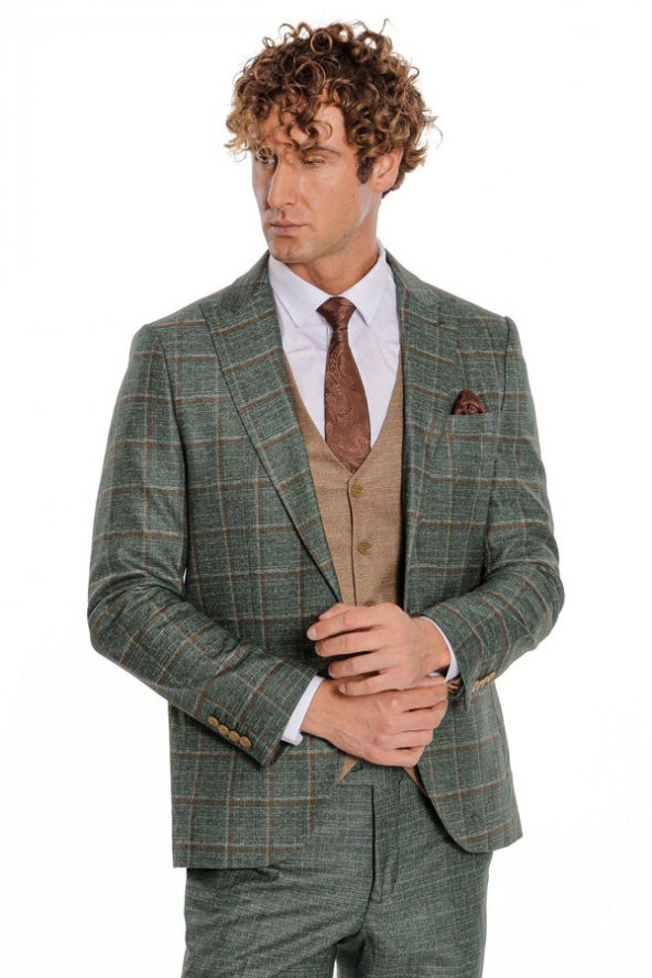 Ekose Ceketli Slim Fit Yeşil Erkek Takım Elbise - 7