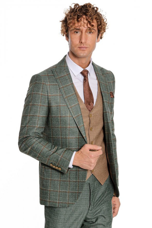 Ekose Ceketli Slim Fit Yeşil Erkek Takım Elbise - 8
