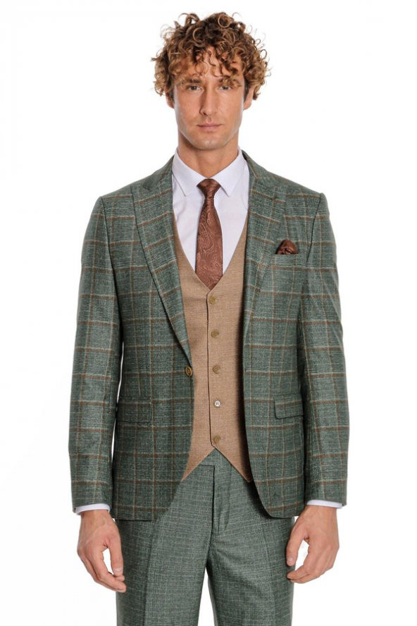 Ekose Ceketli Slim Fit Yeşil Erkek Takım Elbise - 9