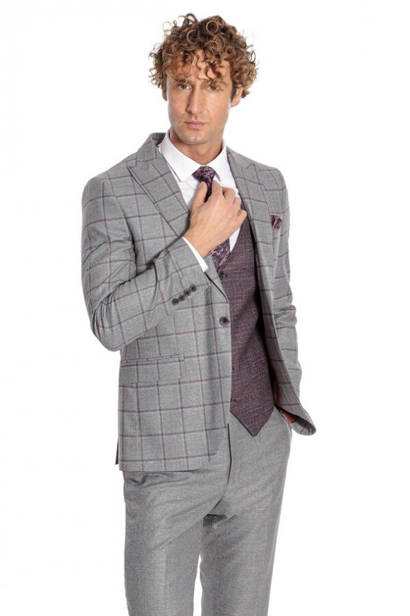 Ekose Ceketli Slim Fit Gri Erkek Takım Elbise - 7
