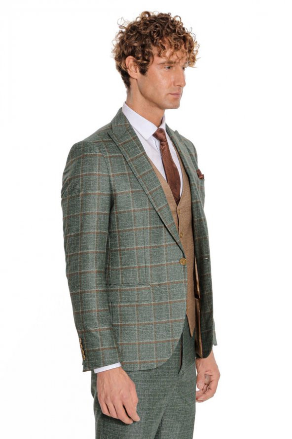 Ekose Ceketli Slim Fit Yeşil Erkek Takım Elbise - 10