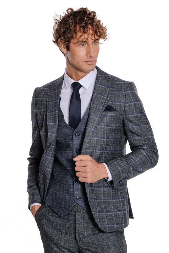 Ekose Ceketli Slim Fit Siyah Erkek Takım Elbise - 4