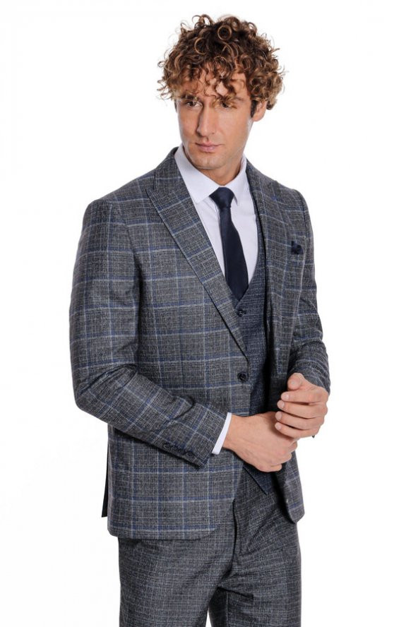 Ekose Ceketli Slim Fit Siyah Erkek Takım Elbise - 5