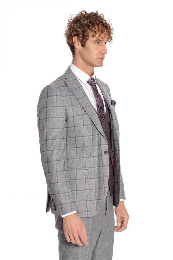 Ekose Ceketli Slim Fit Gri Erkek Takım Elbise - 10