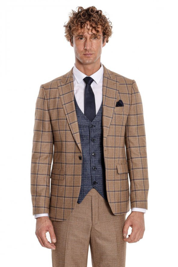 Ekose Ceketli Slim Fit Taba Erkek Takım Elbise - 8