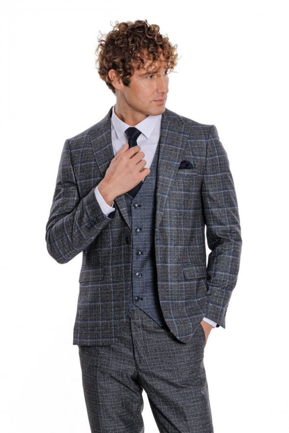 Ekose Ceketli Slim Fit Siyah Erkek Takım Elbise - 6