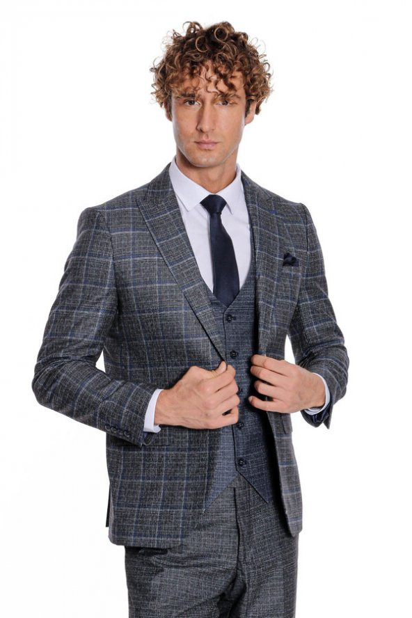 Ekose Ceketli Slim Fit Siyah Erkek Takım Elbise - 7