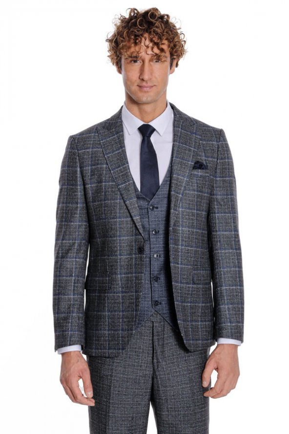 Ekose Ceketli Slim Fit Siyah Erkek Takım Elbise - 8