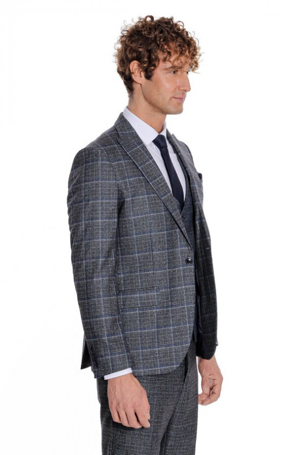 Ekose Ceketli Slim Fit Siyah Erkek Takım Elbise - 9