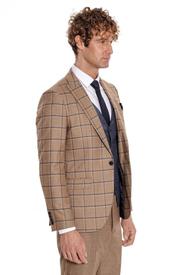 Ekose Ceketli Slim Fit Taba Erkek Takım Elbise - 9