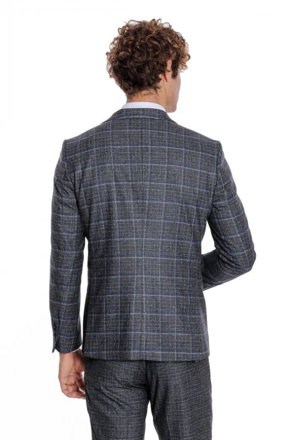 Ekose Ceketli Slim Fit Siyah Erkek Takım Elbise - 10
