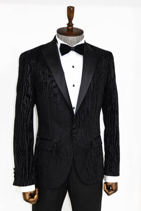 Slim Fit Zebra Desen Siyah Erkek Smokin Ceketi - 3