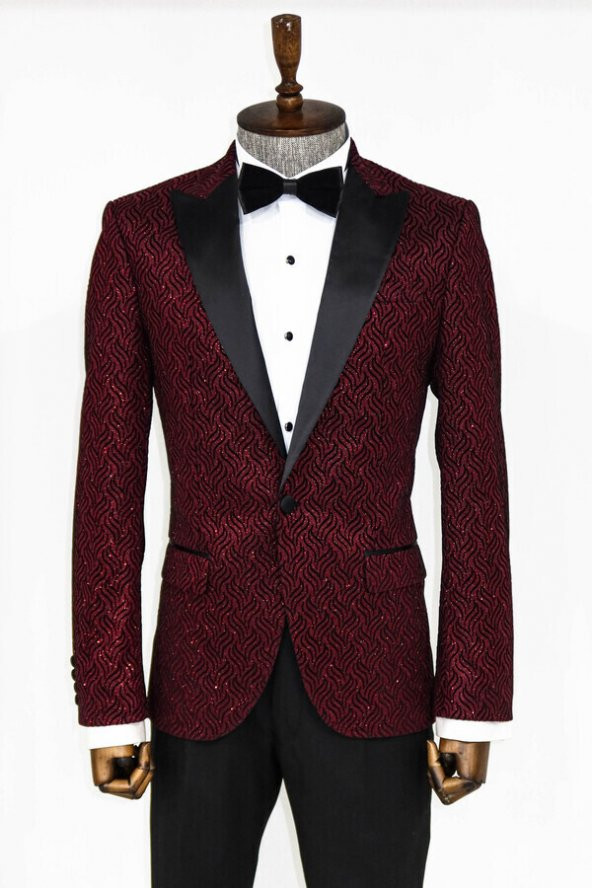 Simli Desenli Bordo Erkek Smokin Ceket - 2