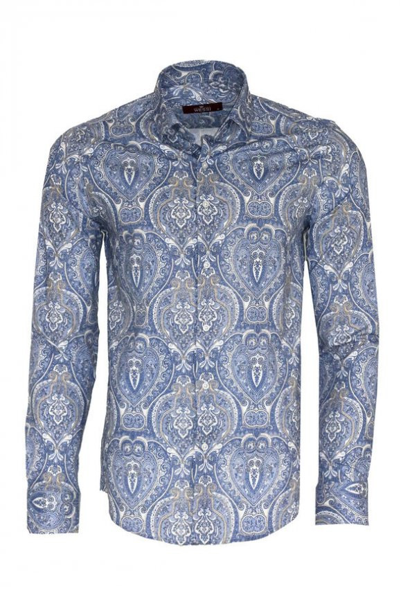 Mavi Damask Desenli Slim Fit Gömlek - 4