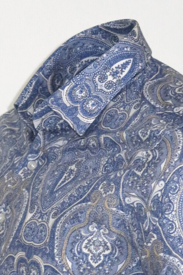 Mavi Damask Desenli Slim Fit Gömlek