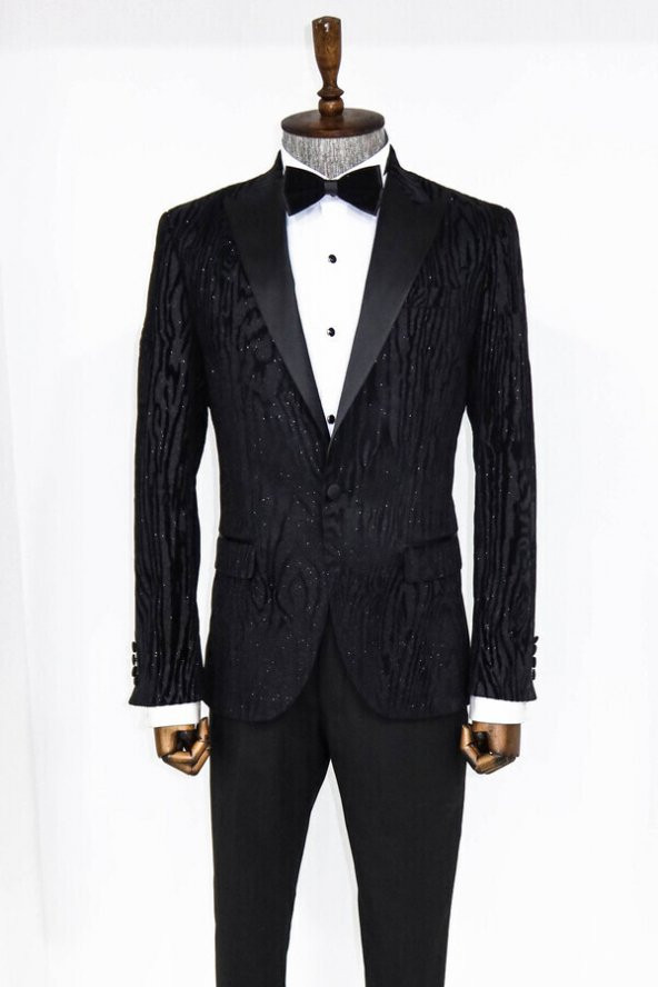 Slim Fit Zebra Desen Siyah Erkek Smokin Ceketi - 5