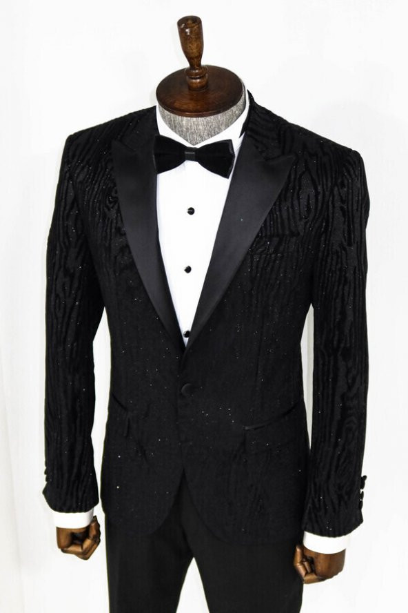 Slim Fit Zebra Desen Siyah Erkek Smokin Ceketi - 6