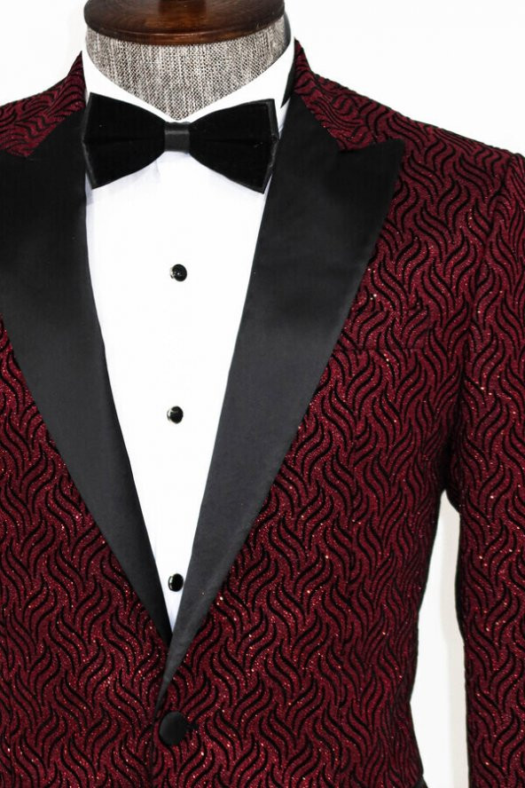 Simli Desenli Bordo Erkek Smokin Ceket