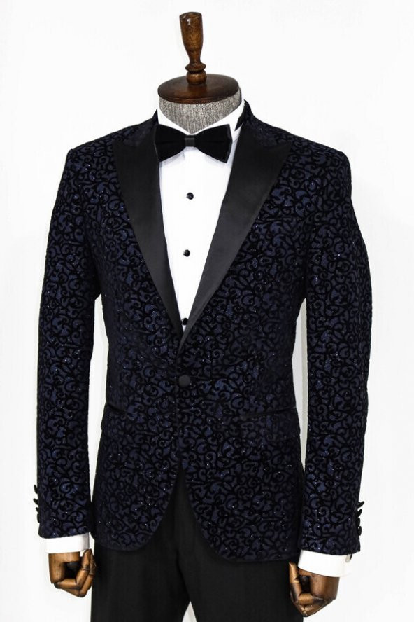 Sarmal Desenli Lacivert Erkek Smokin Ceketi - 7