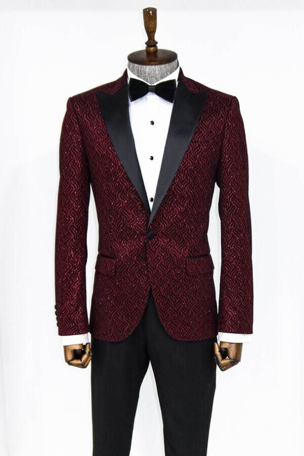 Simli Desenli Bordo Erkek Smokin Ceket - 4