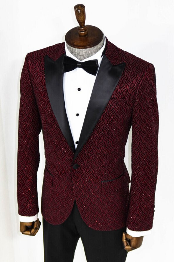 Simli Desenli Bordo Erkek Smokin Ceket - 5