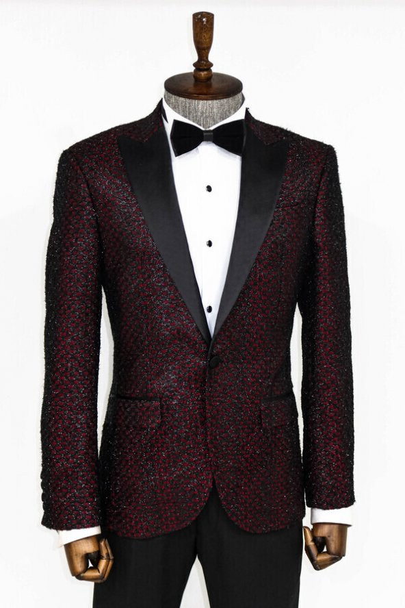 Kareli Desenli Simli Bordo Erkek Smokin Ceket - 3