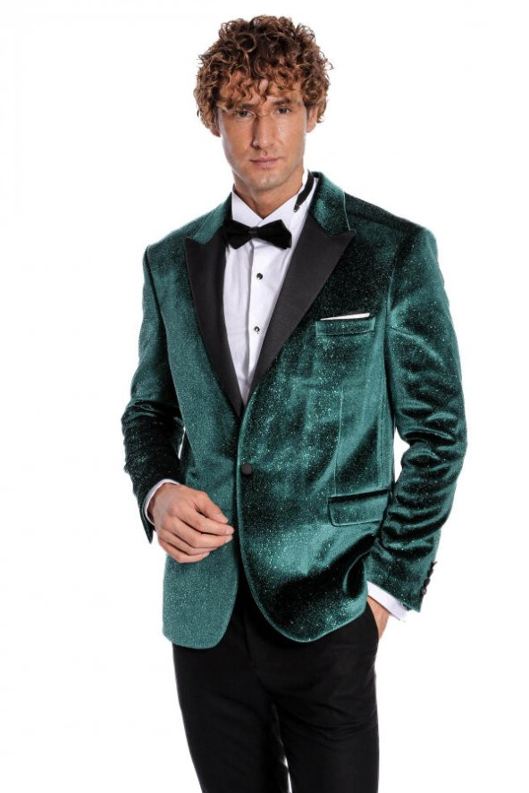 Simli Slim Fit Kadife Yeşil Erkek Smokin Ceket