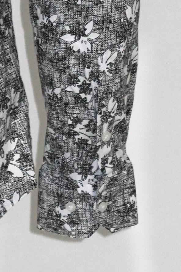 Çiçek Desenli Koyu Gri Slim Fit Gömlek - 3