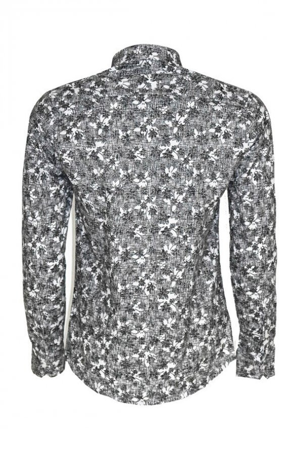 Çiçek Desenli Koyu Gri Slim Fit Gömlek - 4
