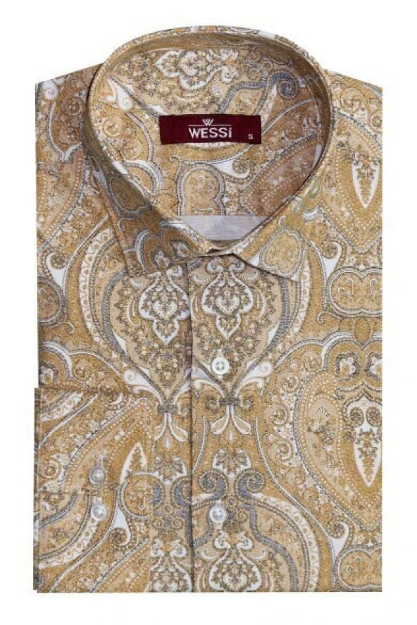 Bej Desenli Slim Fit Gömlek