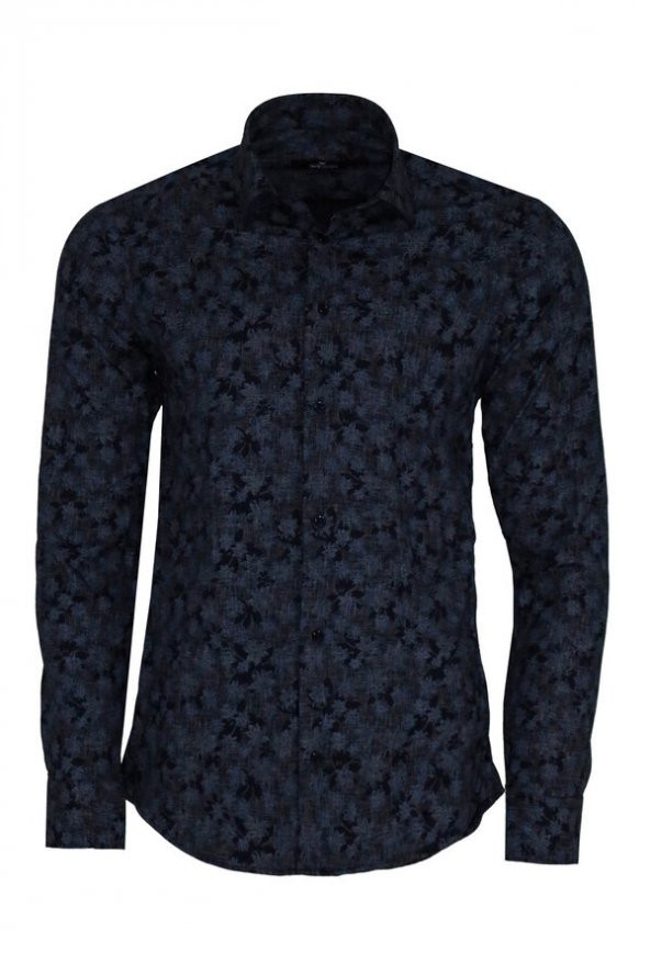 Çiçek Desenli Koyu Mavi Slim Fit Gömlek