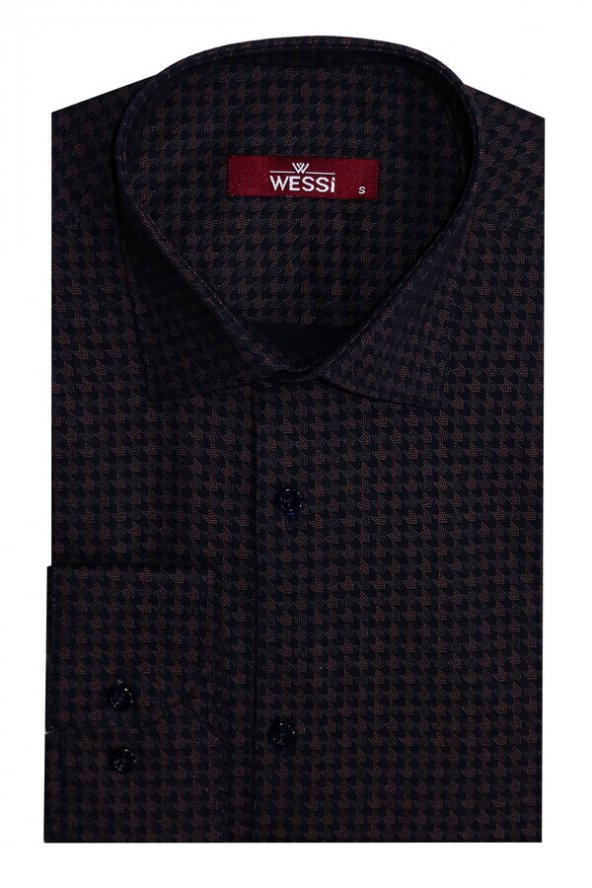 Kaz Ayağı Desenli Slim Fit Kahverengi Erkek Gömlek