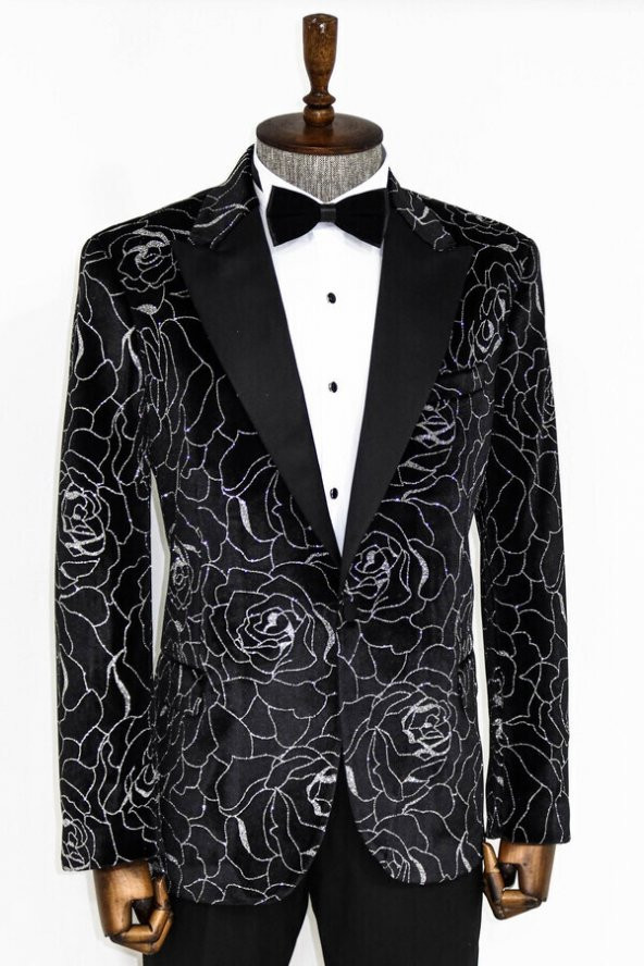 Gümüş Gül Desenli Siyah Erkek Smokin Ceket - 3