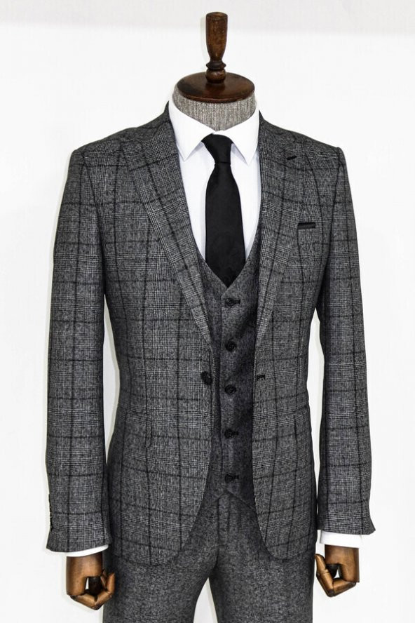Slim Fit Ekose Koyu Gri Erkek Takım Elbise - 3